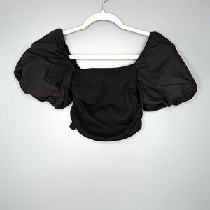 Zara Blouse Womens M Black Square Neck Puff Sleeve Cropped Stretch Top Milkmaid